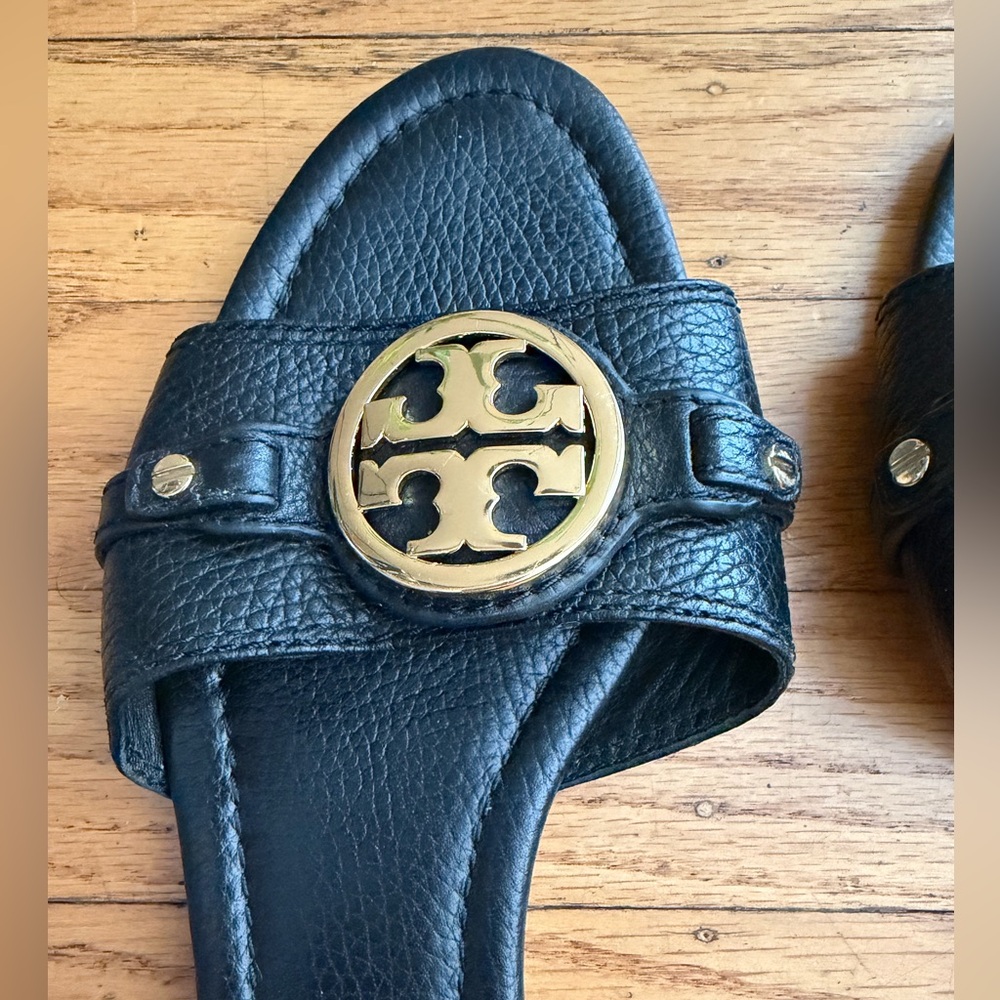 Tory Burch Leticia Black Leather Slide Sandals - Picture 3 of 11